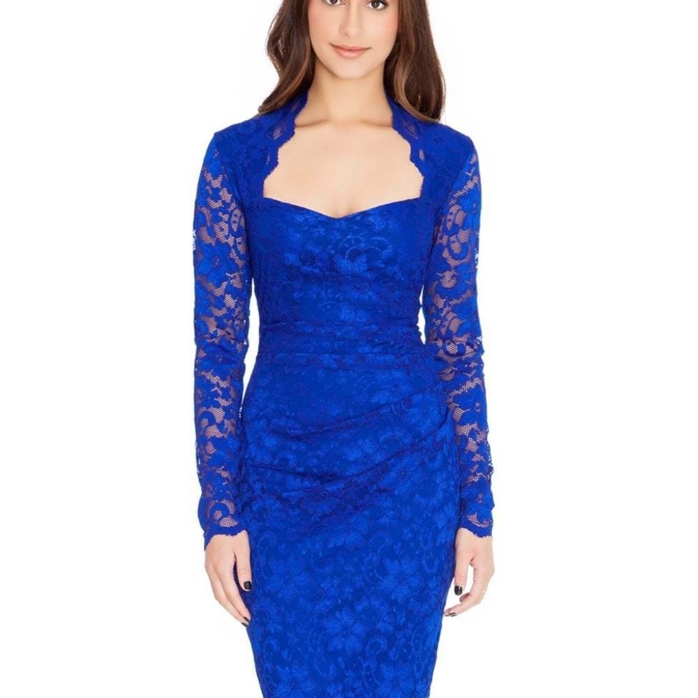 Goddiva Blue Lace Long Sleeve Pencil Dress - XS